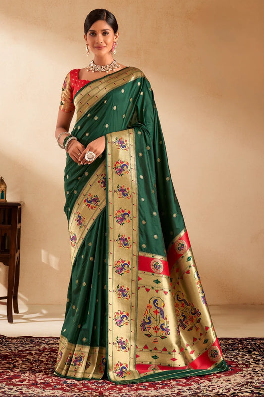 Pure green color paithani silk saree for women
