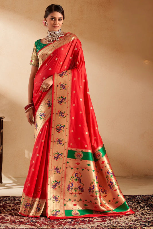 Red color paithani silk saree for women with price
