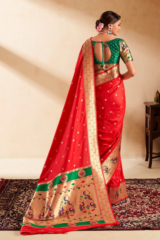 Red color paithani silk saree for women online shopping
