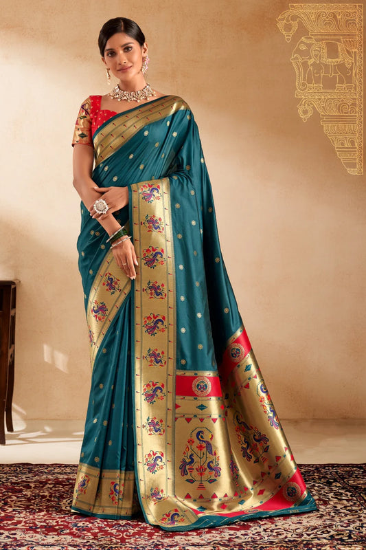 Pure teal green color paithani silk saree for women
