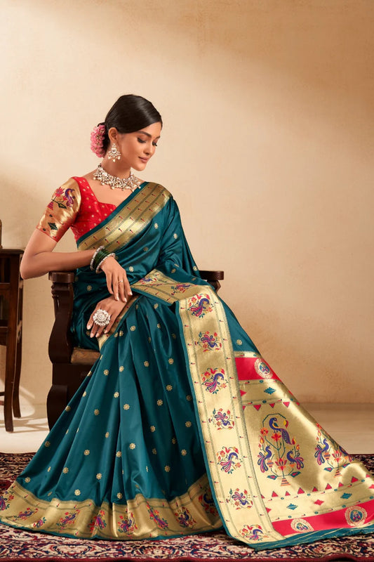 Teal green color paithani silk saree for women price
