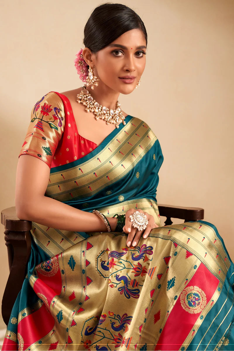 Teal green color paithani silk saree for women images
