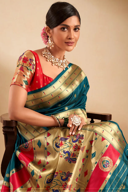 Teal green color paithani silk saree for women images
