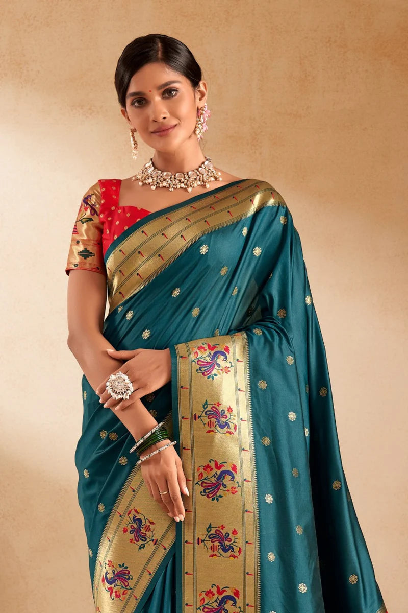 Teal green color paithani silk saree for women online
