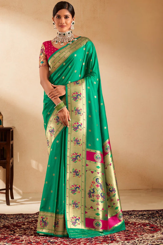 Pure green color paithani silk saree for women
