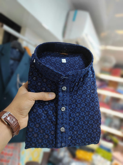 Indian Mens Lucknowi Sequence Work Designer Kurta Pyjama