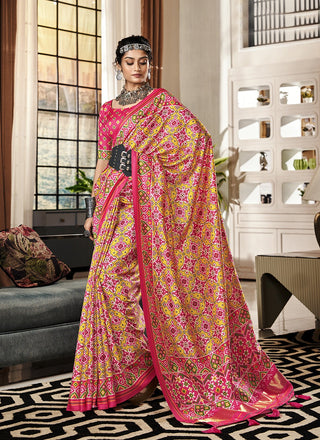 Pink color tussar silk patola printed saree for women price
