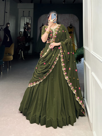 Mehendi color georgette lehenga choli with dupatta price