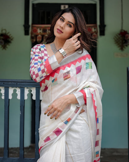White color linen printed saree with blouse online