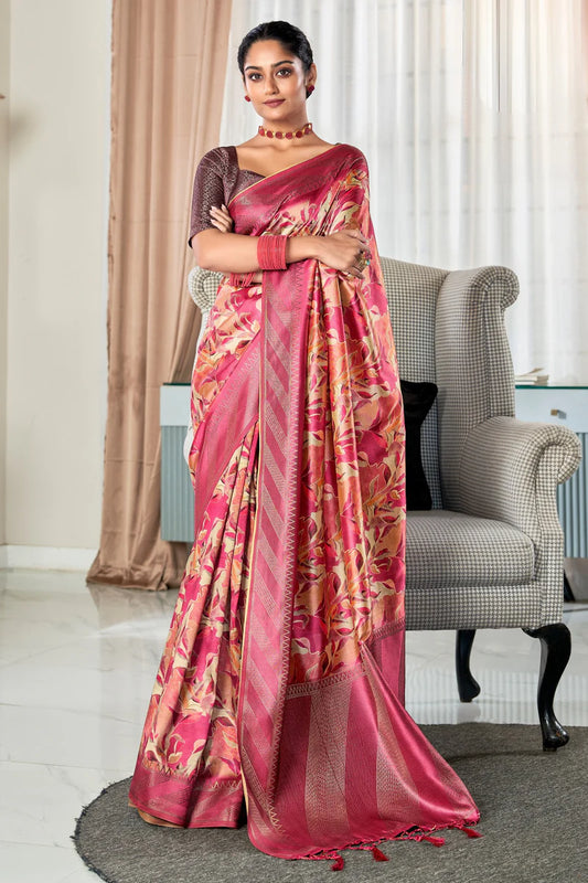 Pink color handloom silk saree for women
