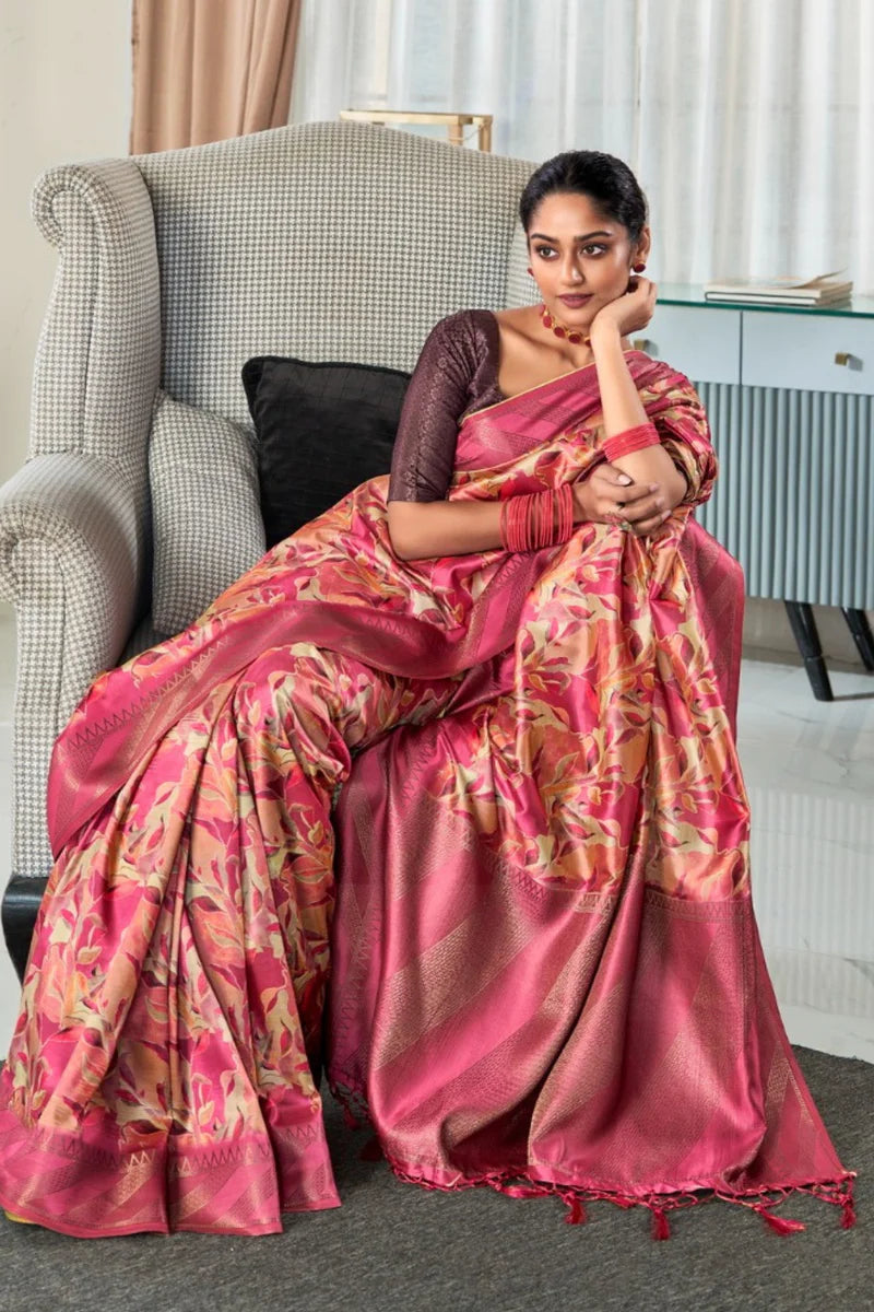 Pink color handloom silk saree with blouse