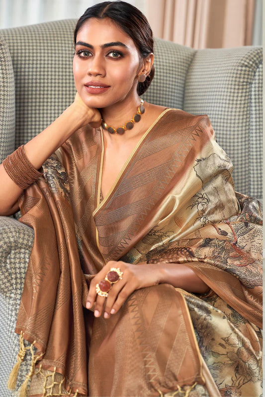 Dark brown color handloom silk saree for women
