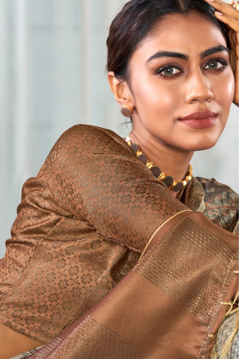 Pure brown color handloom silk saree for women
