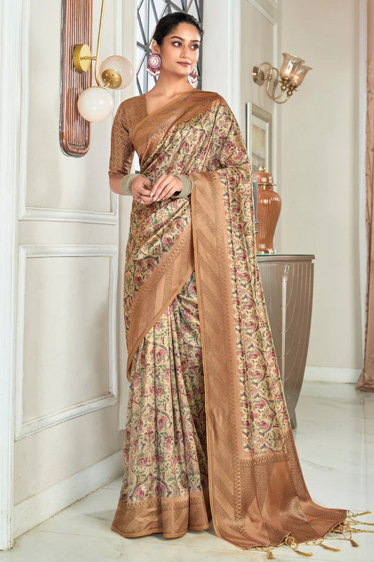 Pure brown color handloom silk saree for women
