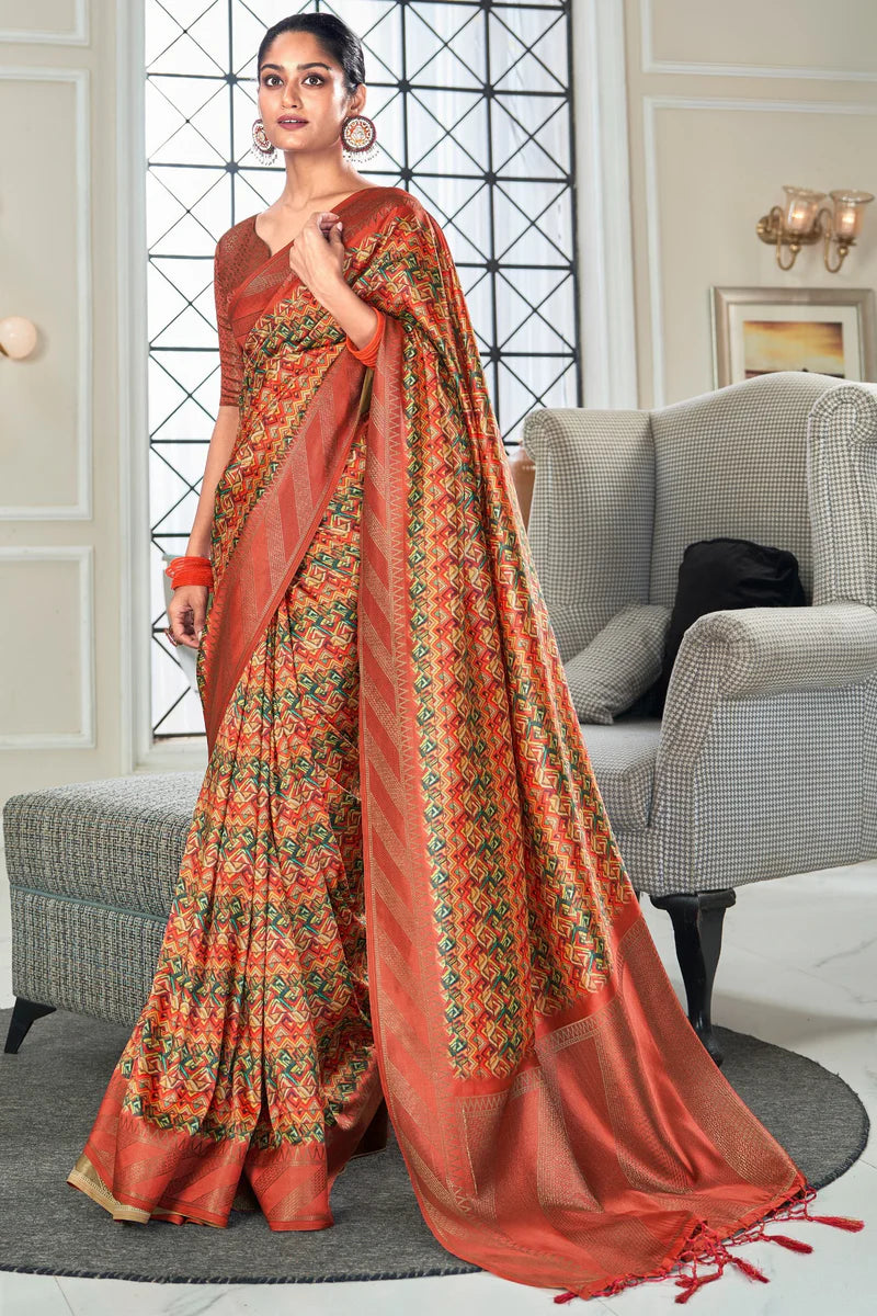 Rust color handloom silk saree for women online shopping
