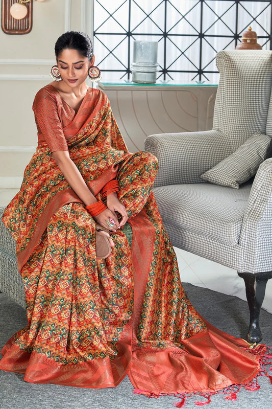 Rust color handloom silk saree for women online
