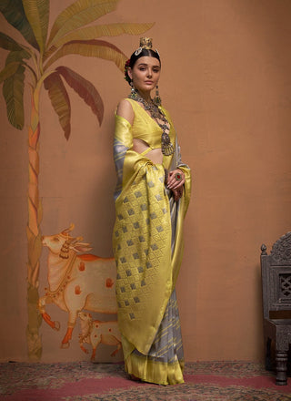 Yellow color silk saree for women images