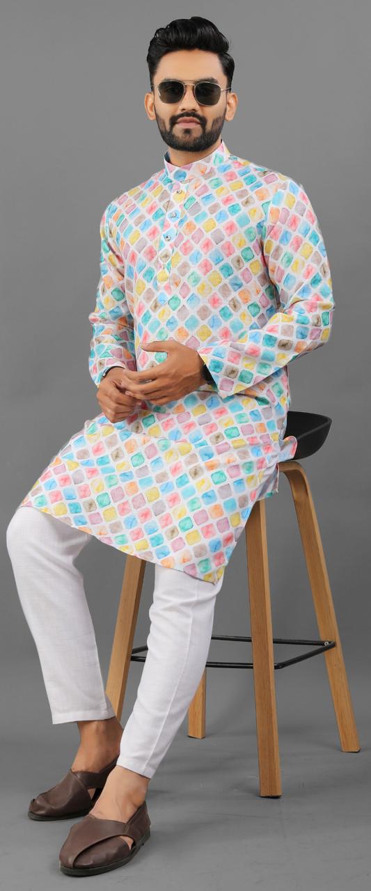 Multi color linen printed men's kurta price