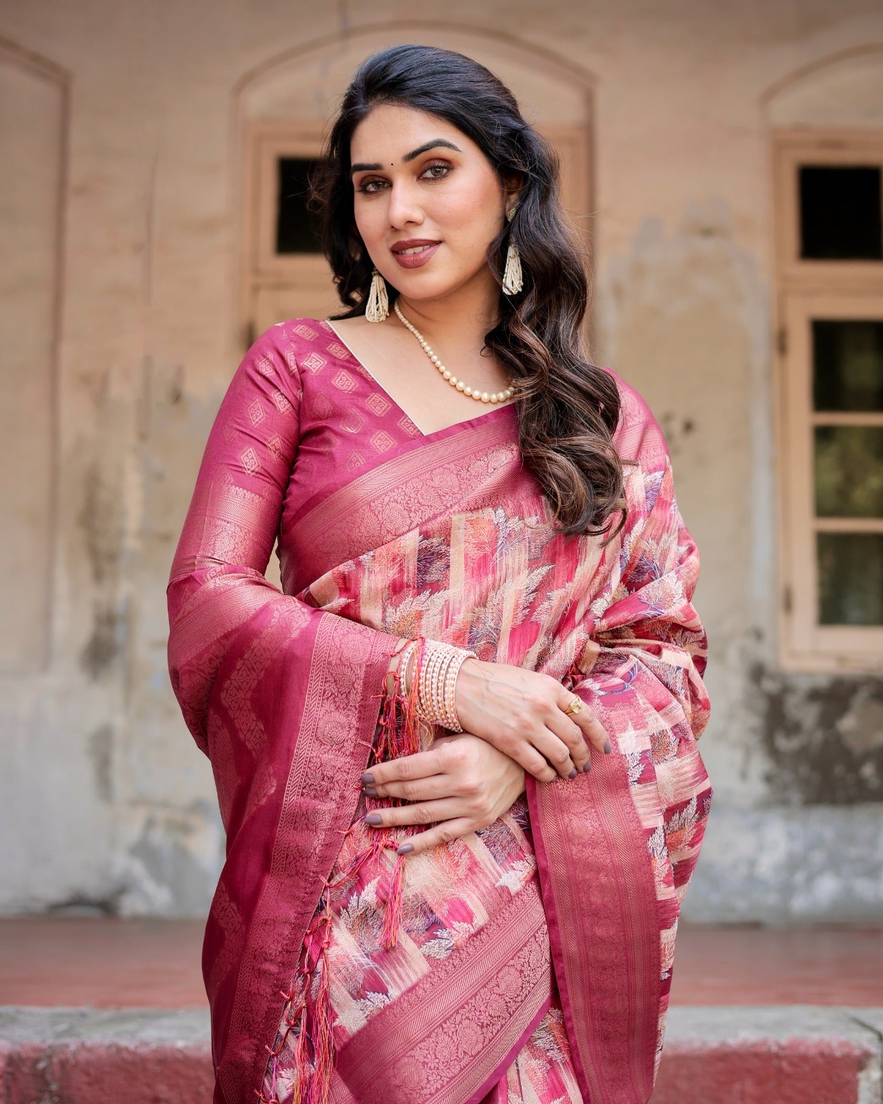 Pink color banarasi silk saree with blouse price
