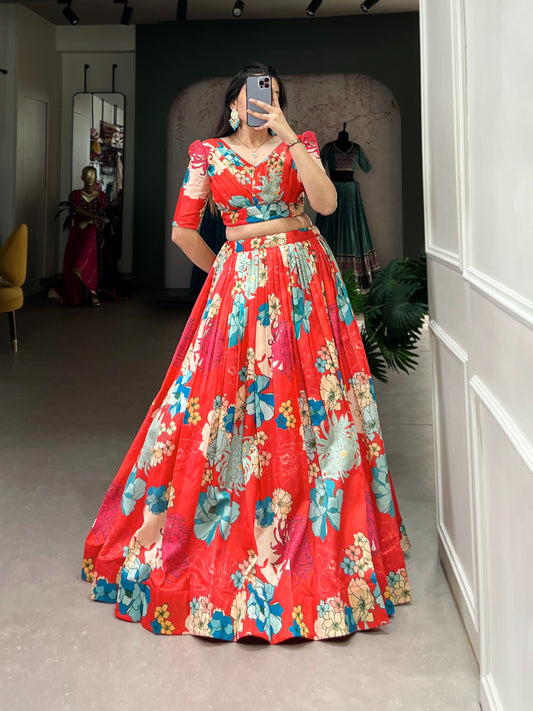 Red color tussar silk lehenga with blouse online shopping

