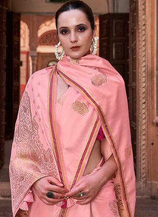 Peach color satin saree with dupatta online shopping