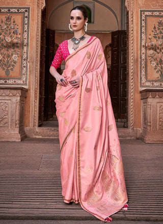 Peach color satin saree for women