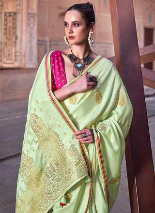 Pista color zari weaving saree for women images