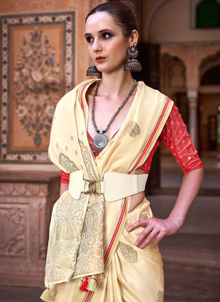 Beige color satin weaving saree with blouse online shopping