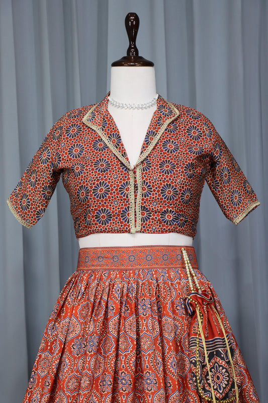 Orange silk crepe printed lehenga choli for wedding