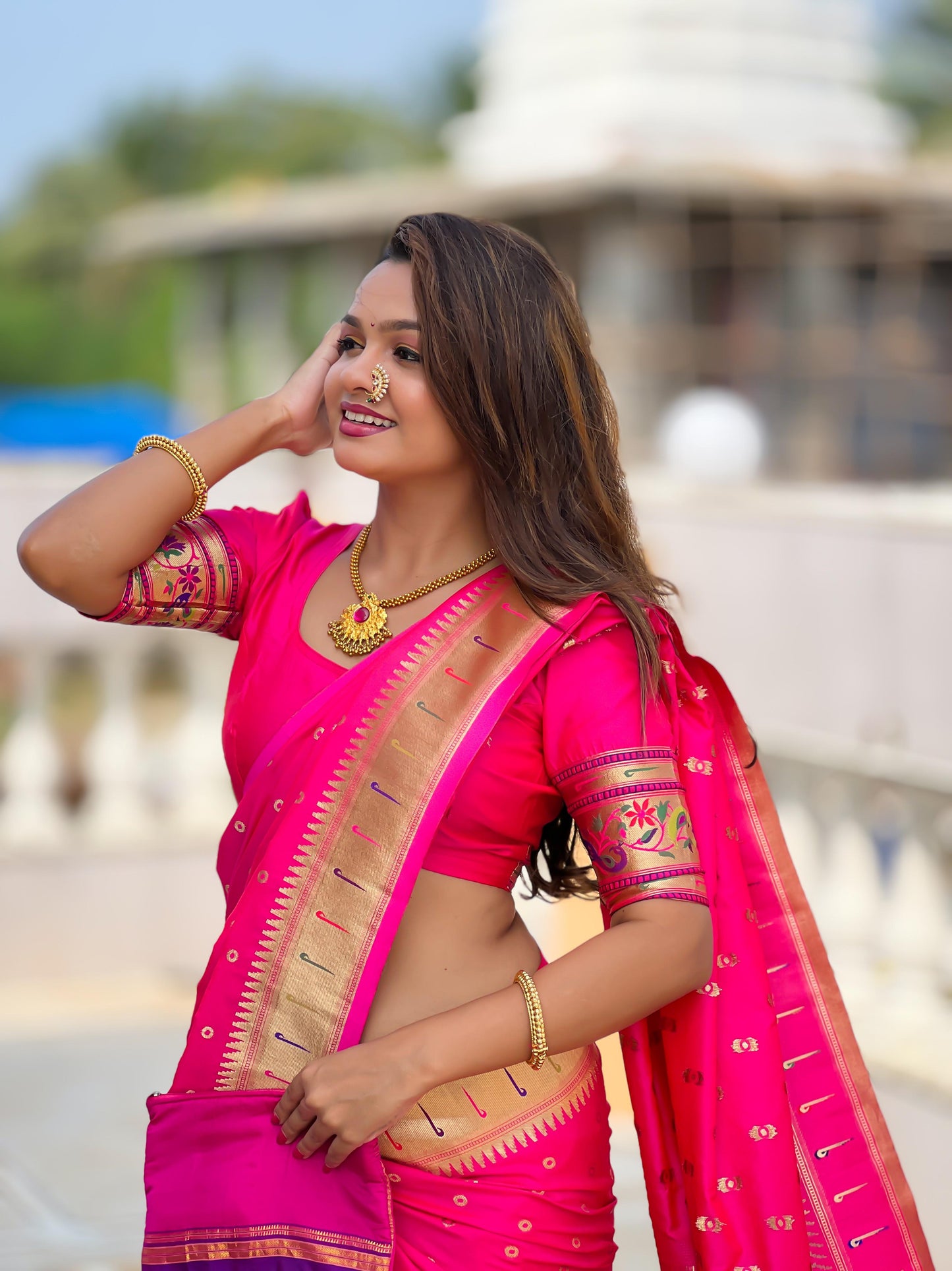 Pink color paithani silk saree with blouse images