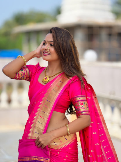 Pink color paithani silk saree with blouse images