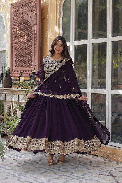 Purple color faux blooming weaving long gown images
