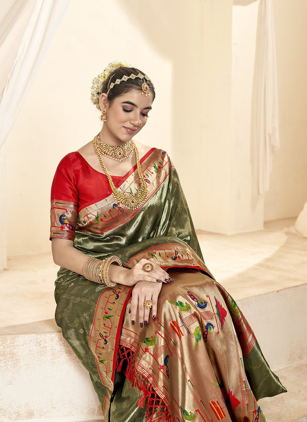 Olive green color silk saree with blouse price