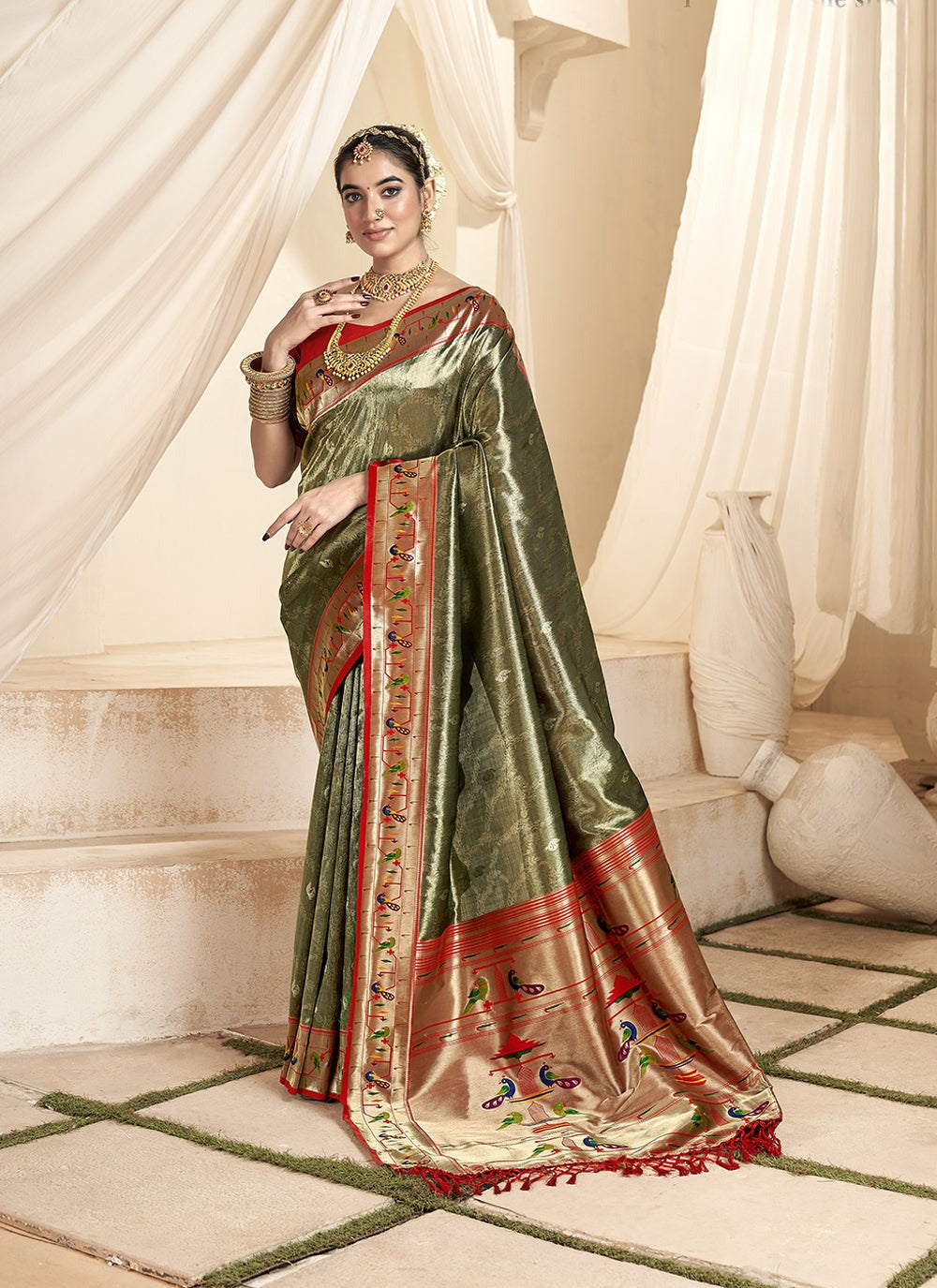 Mehendi color paithani silk saree online
