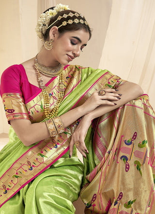 Parrot green color paithani silk saree images
