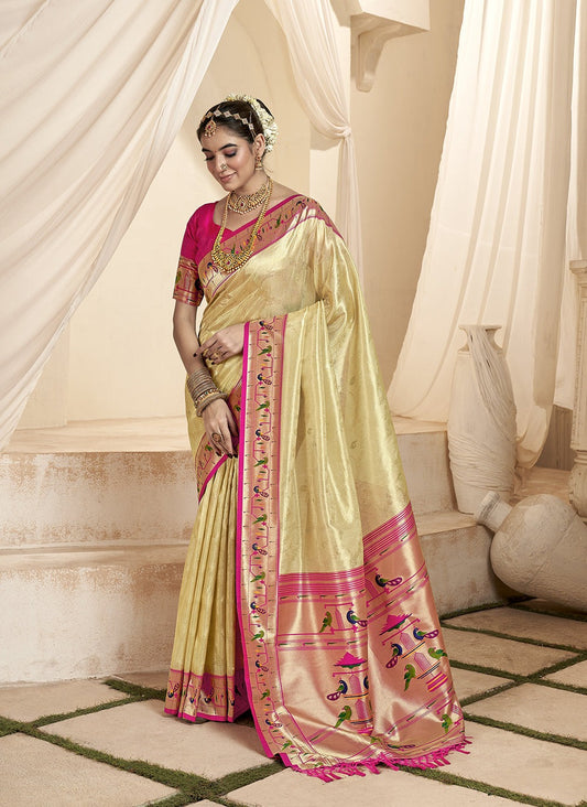 Beige green color paithani silk saree price
