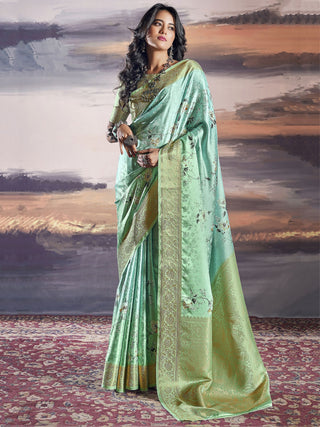 Pure teal green satin weaving saree for women
