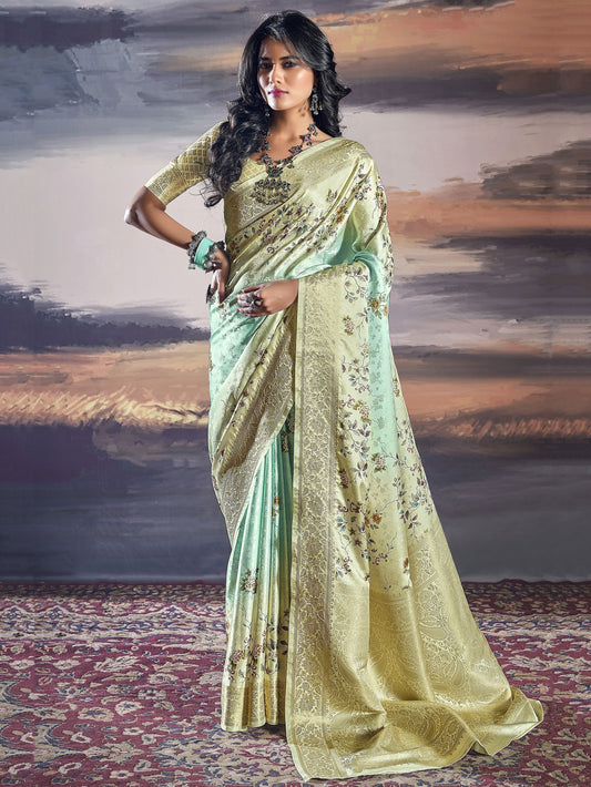 Green satin weaving saree for women