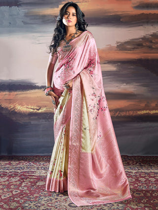 Pure pink satin weaving saree for women
