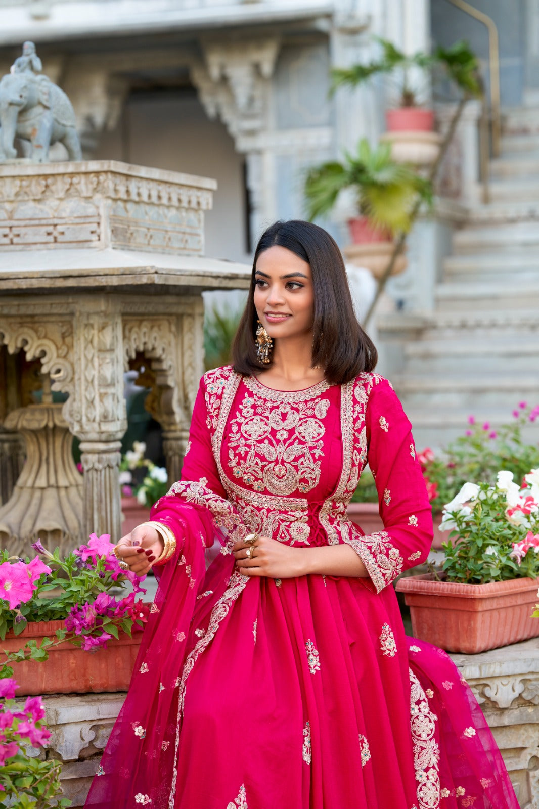 Pink color vichitra silk long gown with dupatta price
