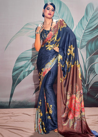 Navy blue satin crepe silk saree for women online shopping
