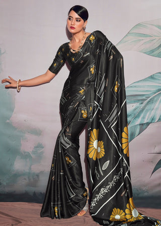 Black color satin crepe silk saree for women images