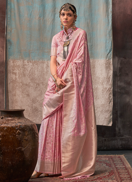 Pure pink satin silk saree for women
