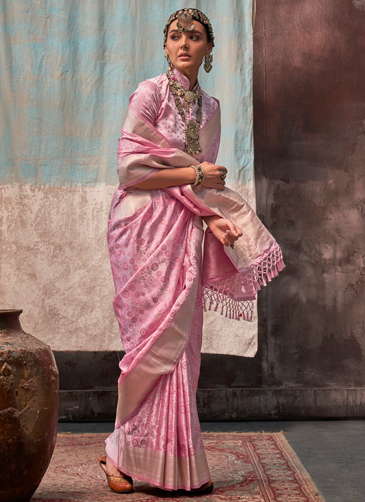 Pink color satin silk saree for women price
