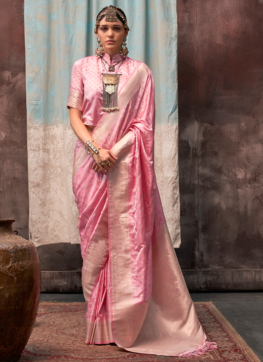 Light Pink color satin silk saree for women