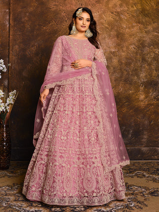 Long sleeve pink net gown for women
