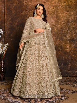 Long beige color net gown for women
