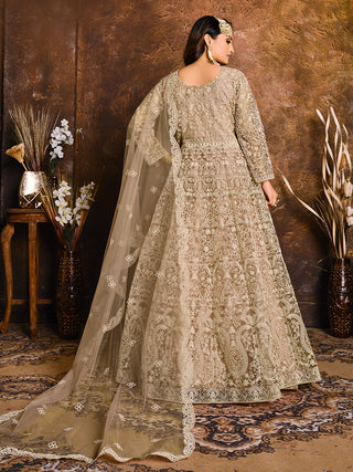 Beige color net gown for women wedding
