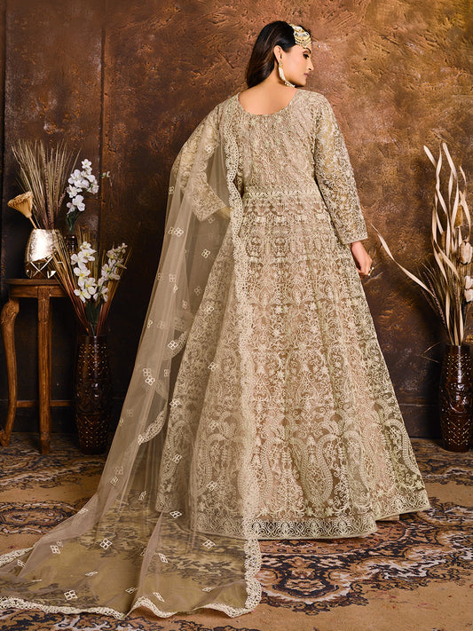 Beige color net gown for women wedding
