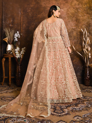 Long sleeve peach color net gown for women
